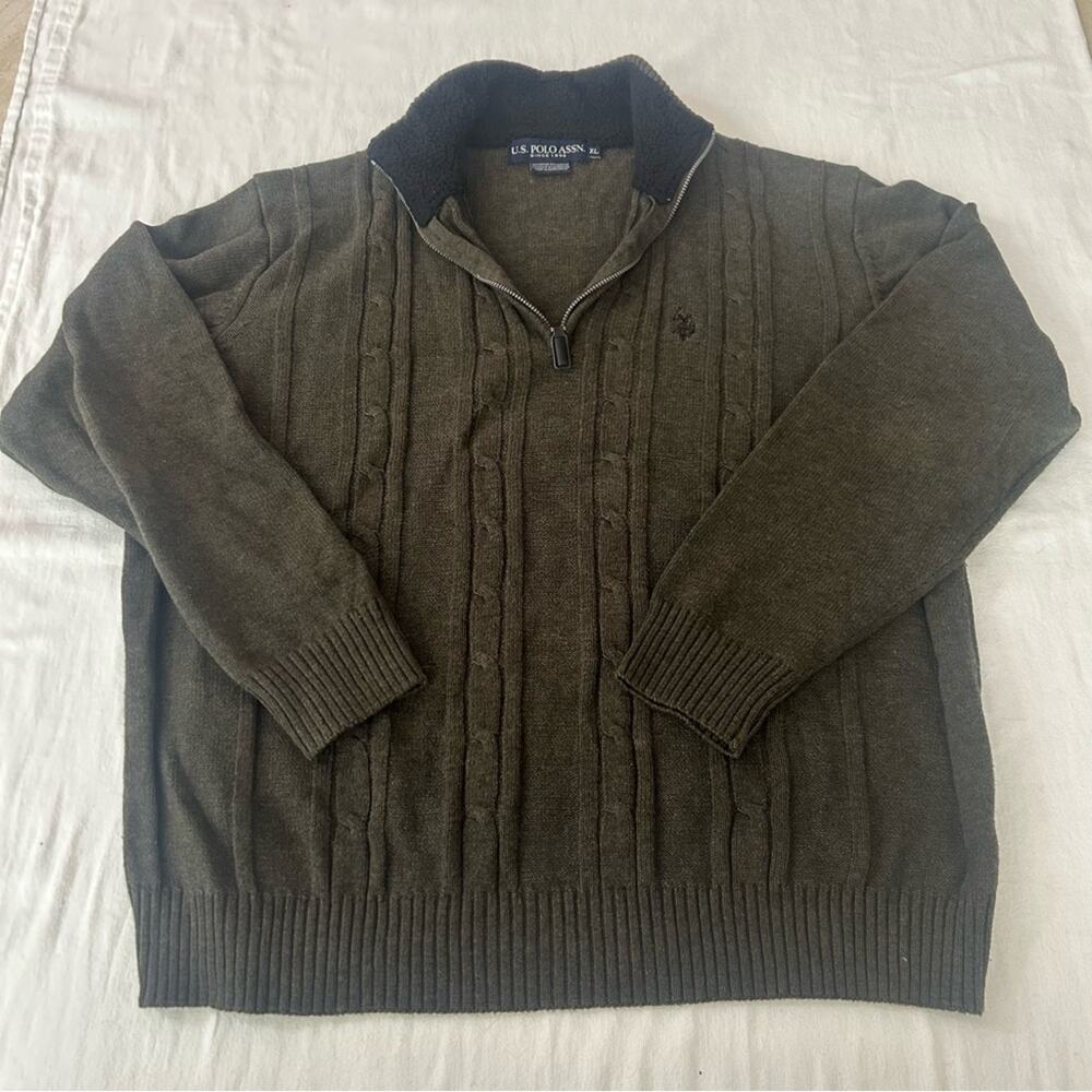 U.S. Polo Assn. Dark Olive Green Cable-Knit Quarter-Zip Sweater Men’s XL